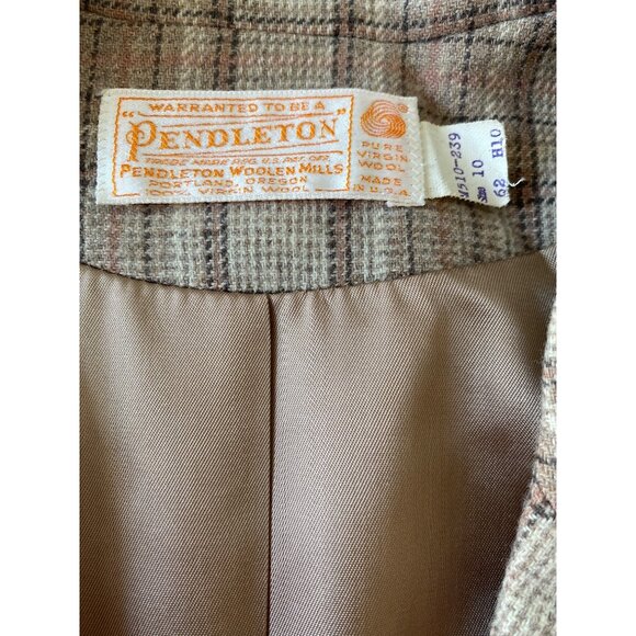 Pendleton Vintage Beige Plaid 100% Virgin Wool Blazer, Long Sleeves Women's 10 - Picture 8 of 9